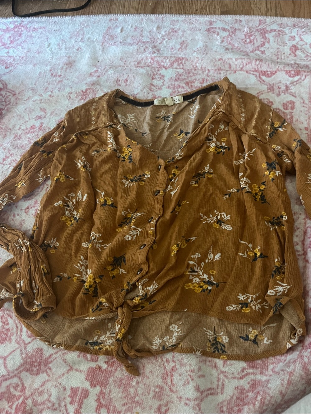 Rewind Mustard Floral Button-Front Tie Blouse